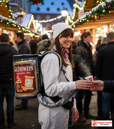 Barocker Weihnachtsmarkt in Stuttgart mit mobilem Glühwein-Rucksackausschank, beleuchtete Fassaden, warme Getränke aus dem Zapfhahn, ideal als winterliche Verkaufslösung to-go.