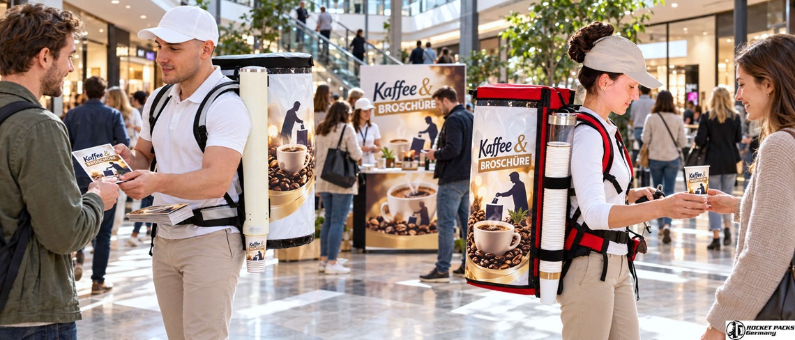 Zwei Promoter verteilen Kaffee und Informationsbroschüren in einem Einkaufszentrum, um Besucher persönlich anzusprechen.