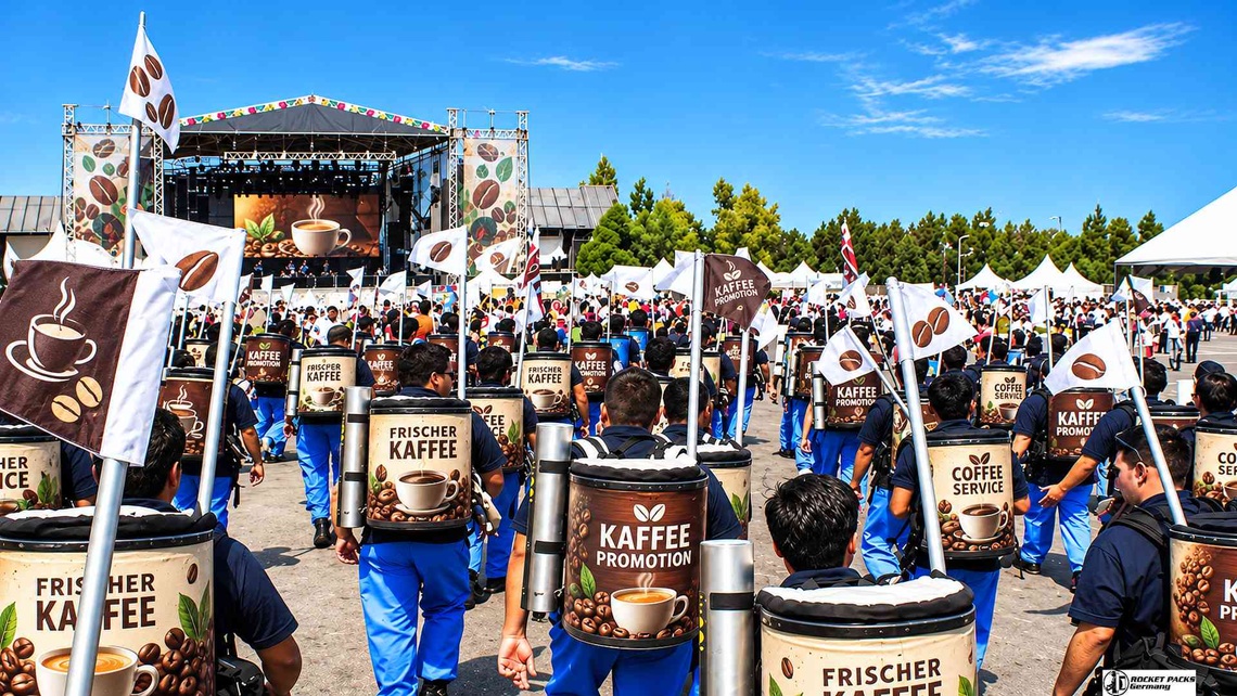 Großes Promotionteam mit individuell gestalteten Kaffeerucksäcken auf einem belebten Festivalgelände vor einer Konzertbühne.