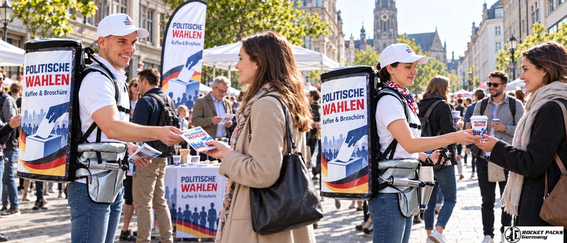 Zwei Promoter mit mobilen Kaffeerucksäcken verteilen Kaffee und Informationsbroschüren zu politischen Wahlen in einer Fußgängerzone.