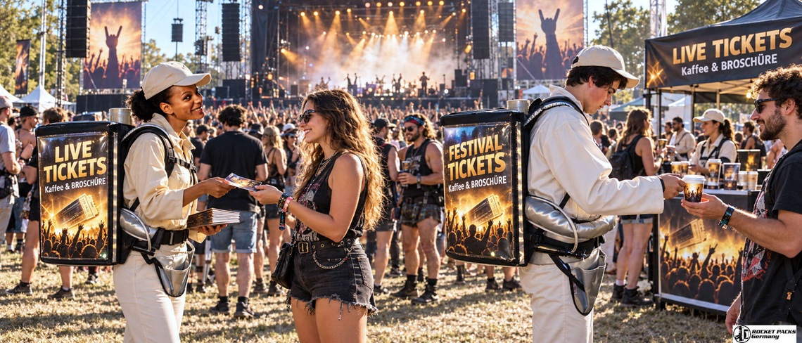 Zwei Promoter verteilen Kaffee und Ticketbroschüren bei einem Musikfestival mit Rockkonzert und Promotionstand.