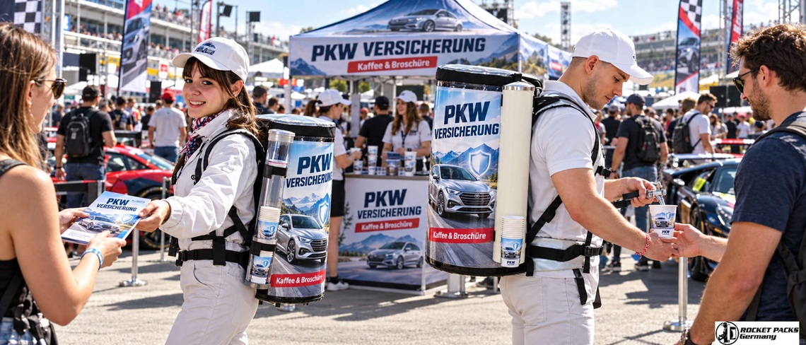 Zwei Promoter mit mobilen Kaffeerucksäcken verteilen Kaffee und Broschüren für eine Kfz-Versicherung bei einem Motorsportevent.