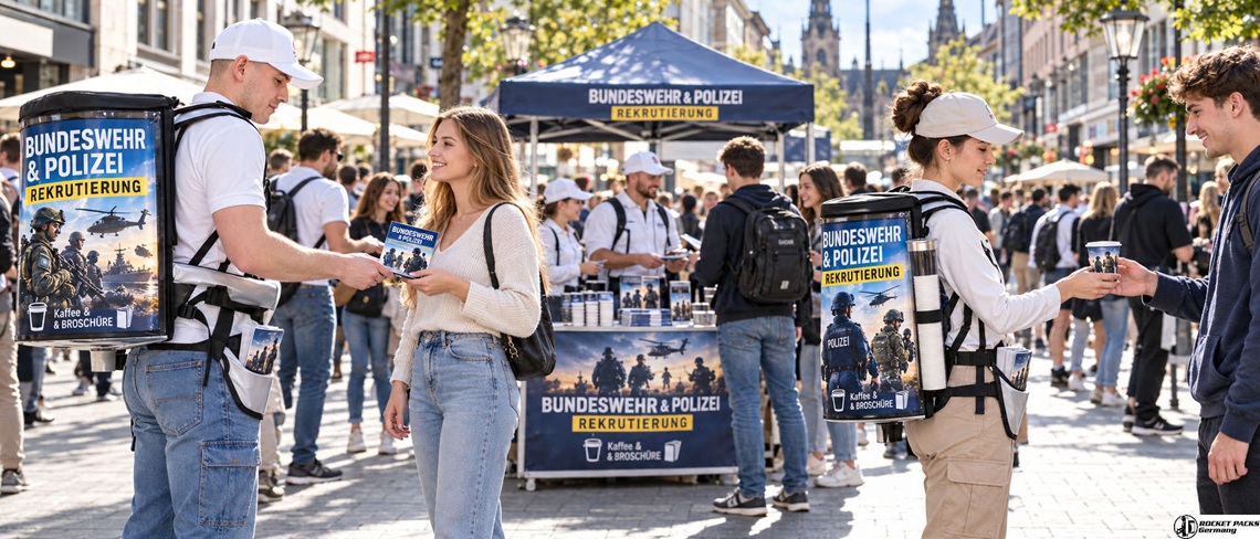 Zwei Promoter mit Getränkerucksäcken verteilen Kaffee und Informationsbroschüren bei einer beispielhaften Recruiting-Aktion für Bundeswehr und Polizei.